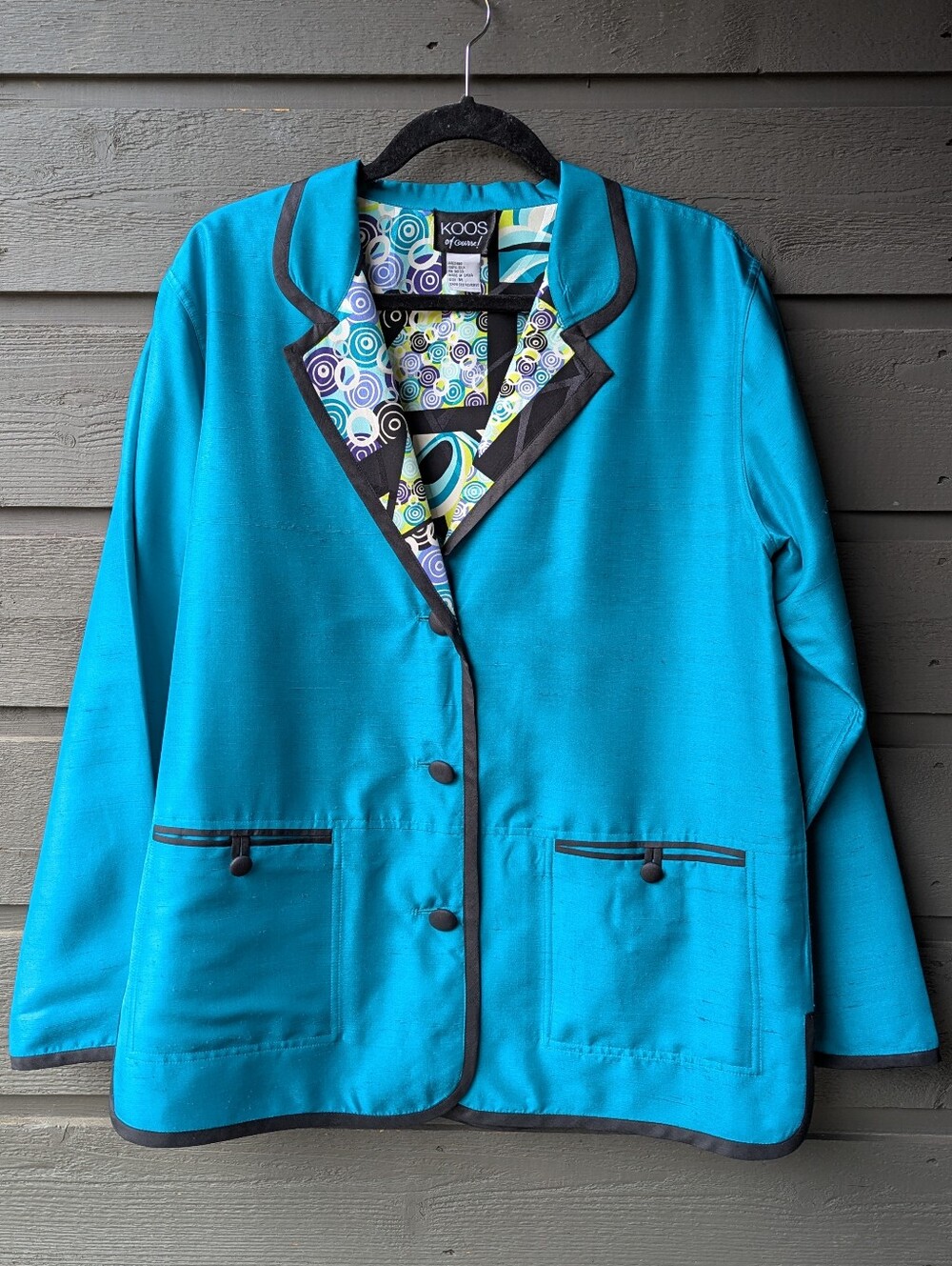 Koos Of Course! 100% Silk Reversible Asian Style Blazer Jacket Blue Medium j